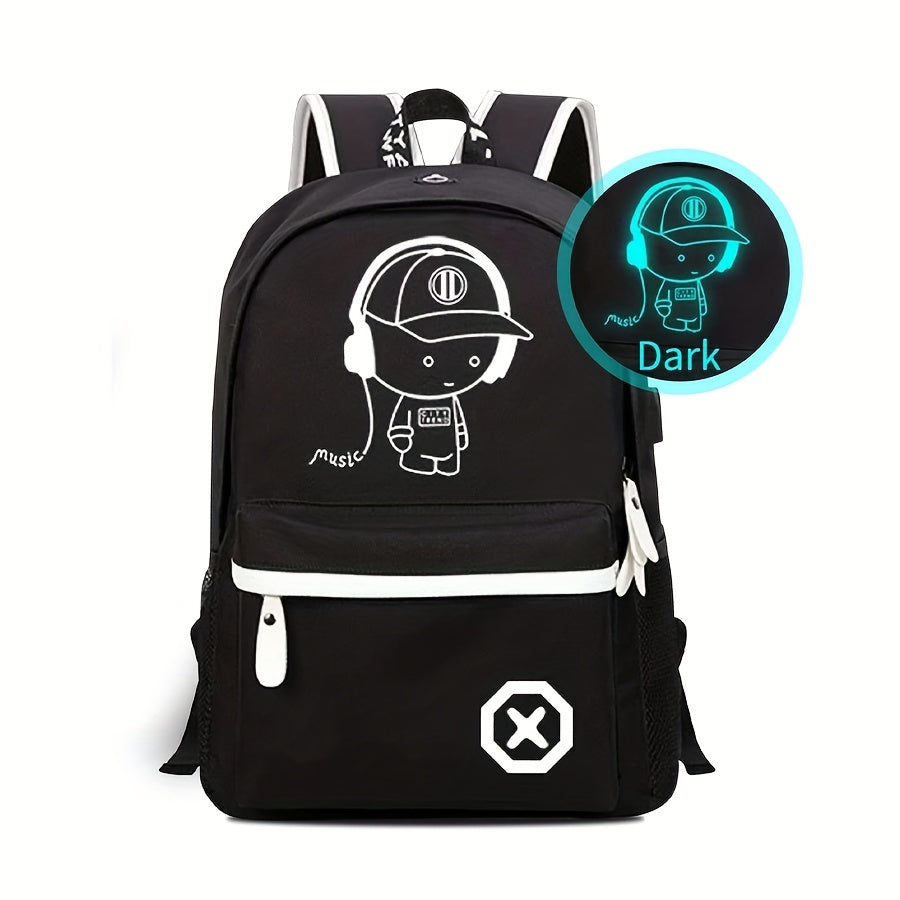 Glow-in-the-Dark Men's Backpack - Stylish & Lightweight, Large Capacity Oxford Fabric Daypack with USB Charging Port for Daily Commute, Campus, Cartoon, High School