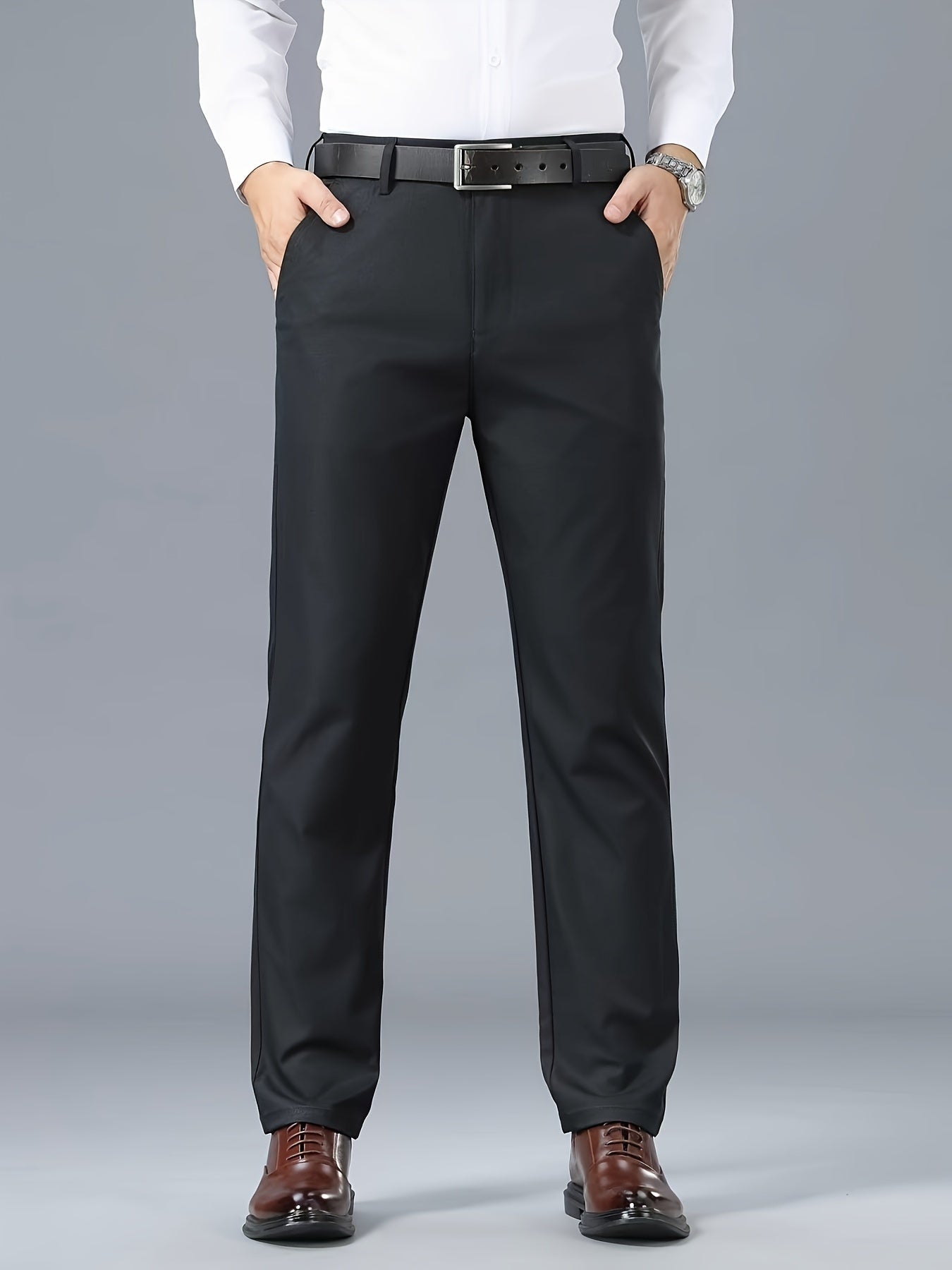 Men's Classic Business Casual Pants - Polyester, Solid Color, Regular Fit for All Seasons