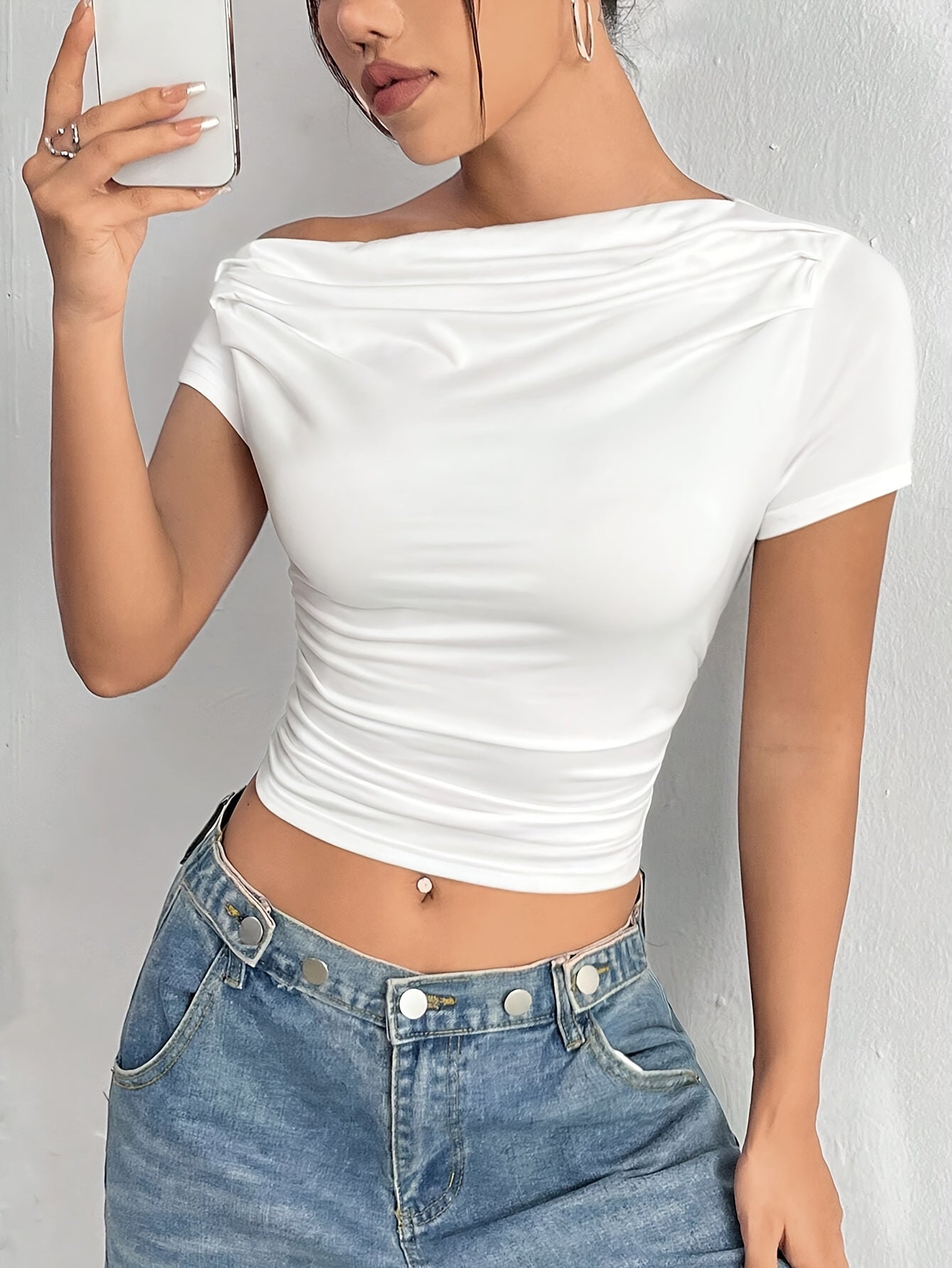 Women'S Asymmetrical Shoulder Ruffled Hem Short T-Shirt