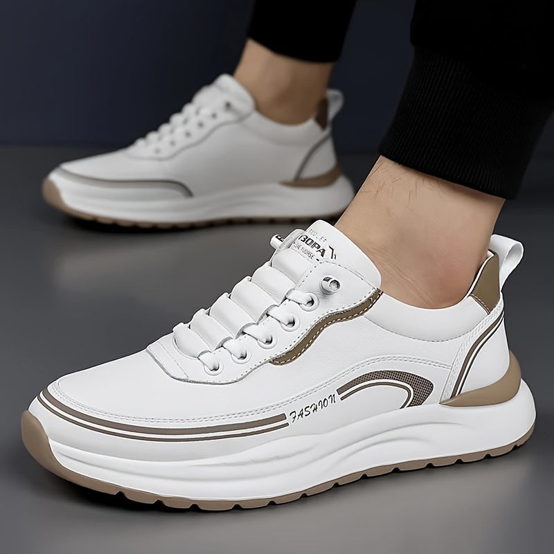 Men's Breathable Lightweight Casual Sneakers - Soft EVA Sole, White Brown Low-Top Lace-Up Shoes for Casual Attire Light Running, All-Season Comfort, Sleek Shoe Design, Daily Walking, Minimalist Style, Flexible Sole, Urban