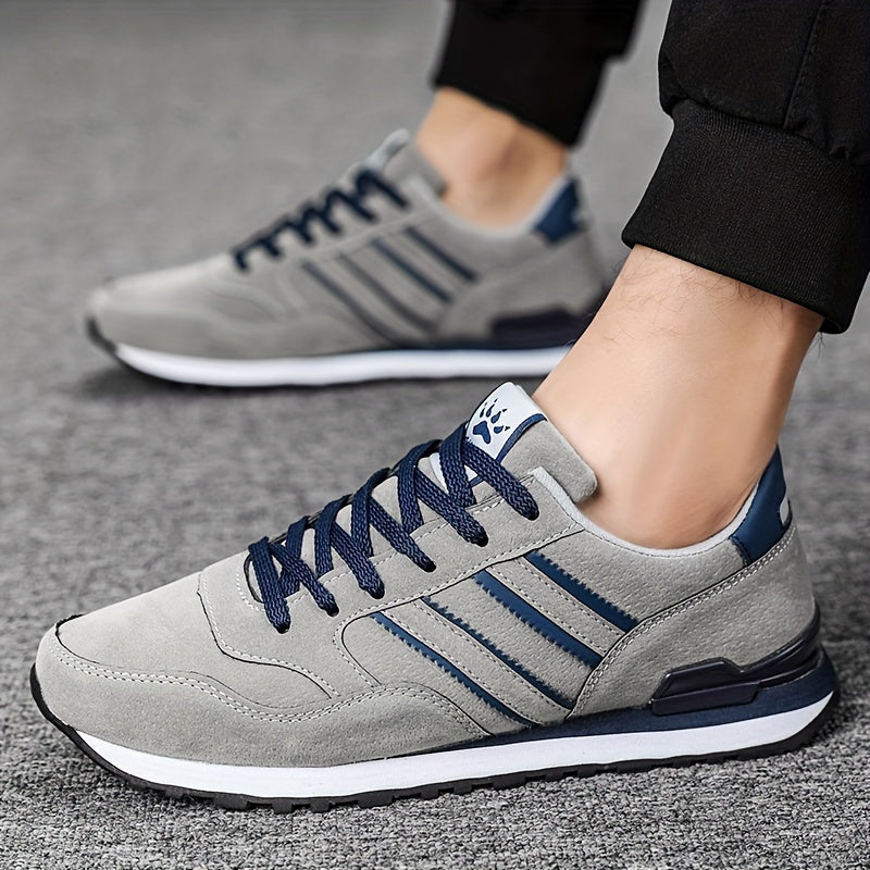 Men's Breathable Mesh Running Shoes - Versatile Korean Style Casual Sneakers with Striped Design, Durable Non-Slip Rubber Sole for Outdoor Activities, Daily Wear & Exercise - Light Gray with Blue Accents, Lace-Up Closure