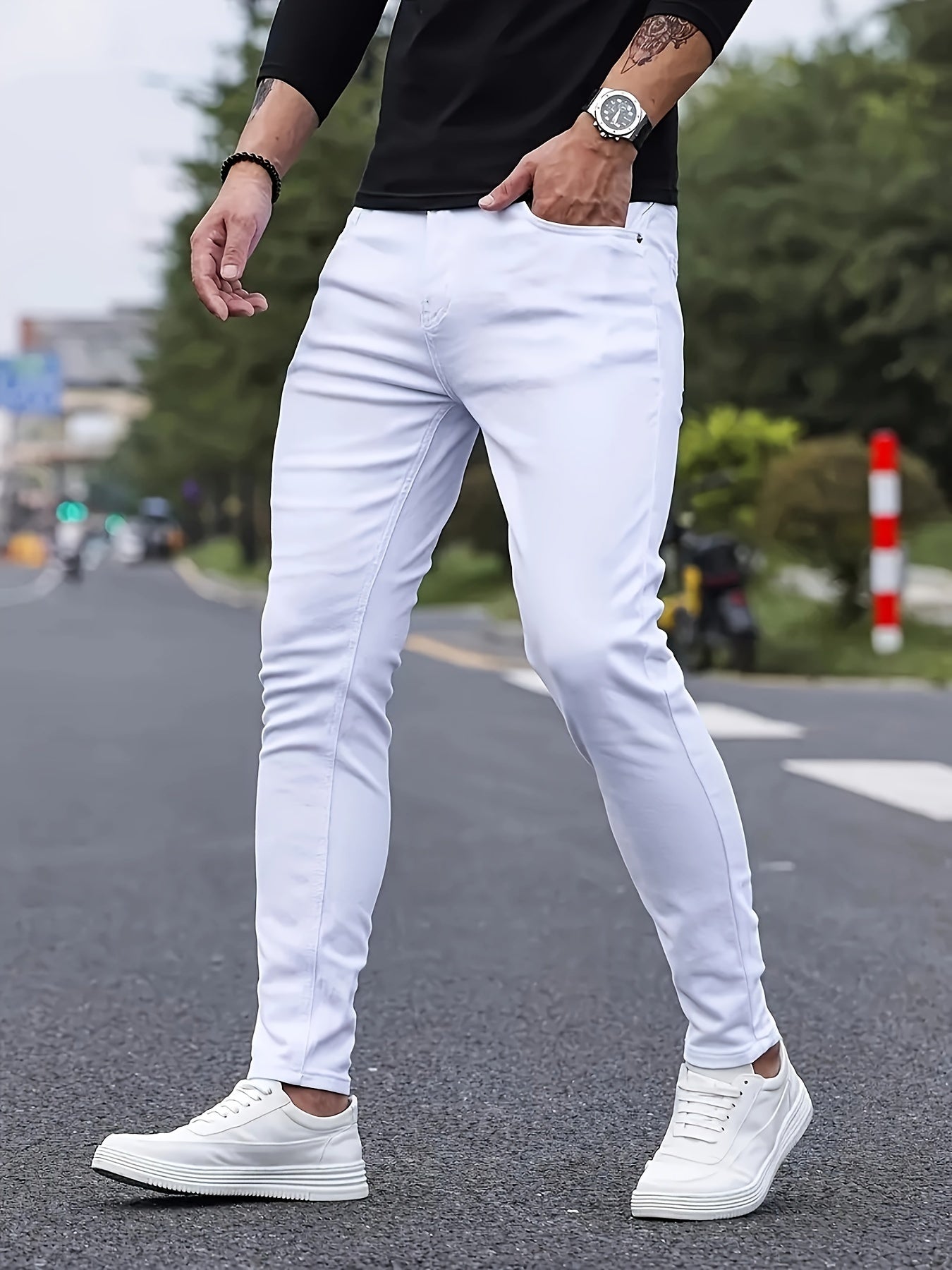 Men'S Skinny Fit Denim Jeans, Casual Mid Waist White Pants, Solid Color Stretch Cotton Blend, with Belt Detail, for All-Season Zipper Fly Trousers
