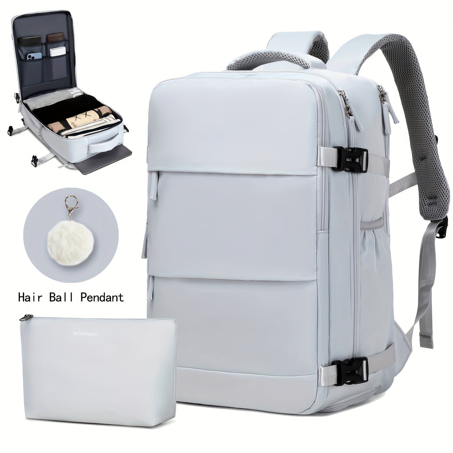 Airline-Approved 38.1cm Laptop Travel Backpack for Women, Light Blue Polyester with Adjustable Straps, Shoe Compartment & USB Charging Port - Ideal for School & Work Trips, Laptop Bag
