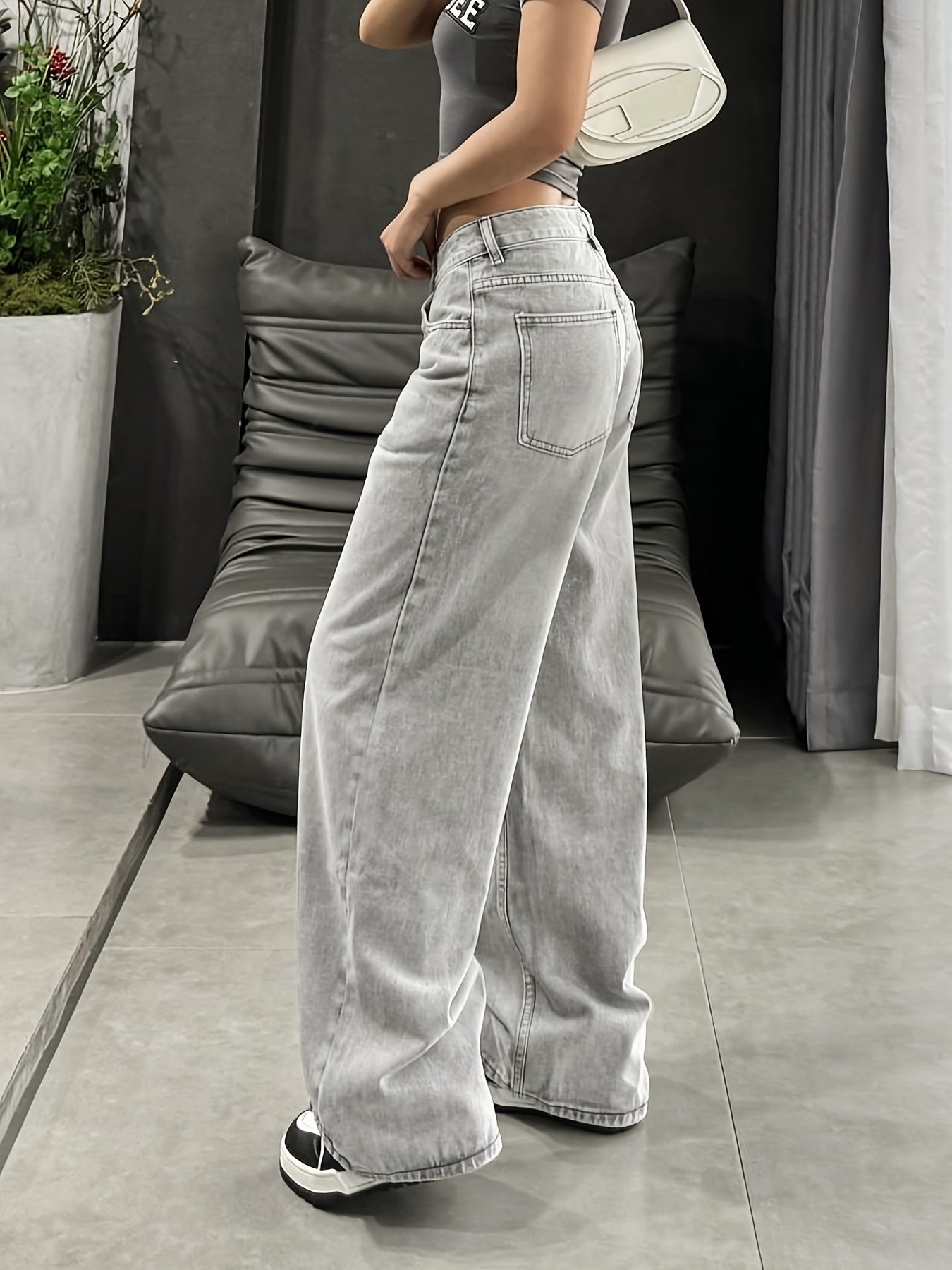 Women'S Casual Mid-Waist Wide Leg Jeans, 76% 13% Viscose 11% Polyester, Non-Stretch Denim, Solid Color, Washed Finish, Long Length, Zipper Fly, All Seasons, Woven Fabric, 390g/m² - Trendy Retro Loose Fit