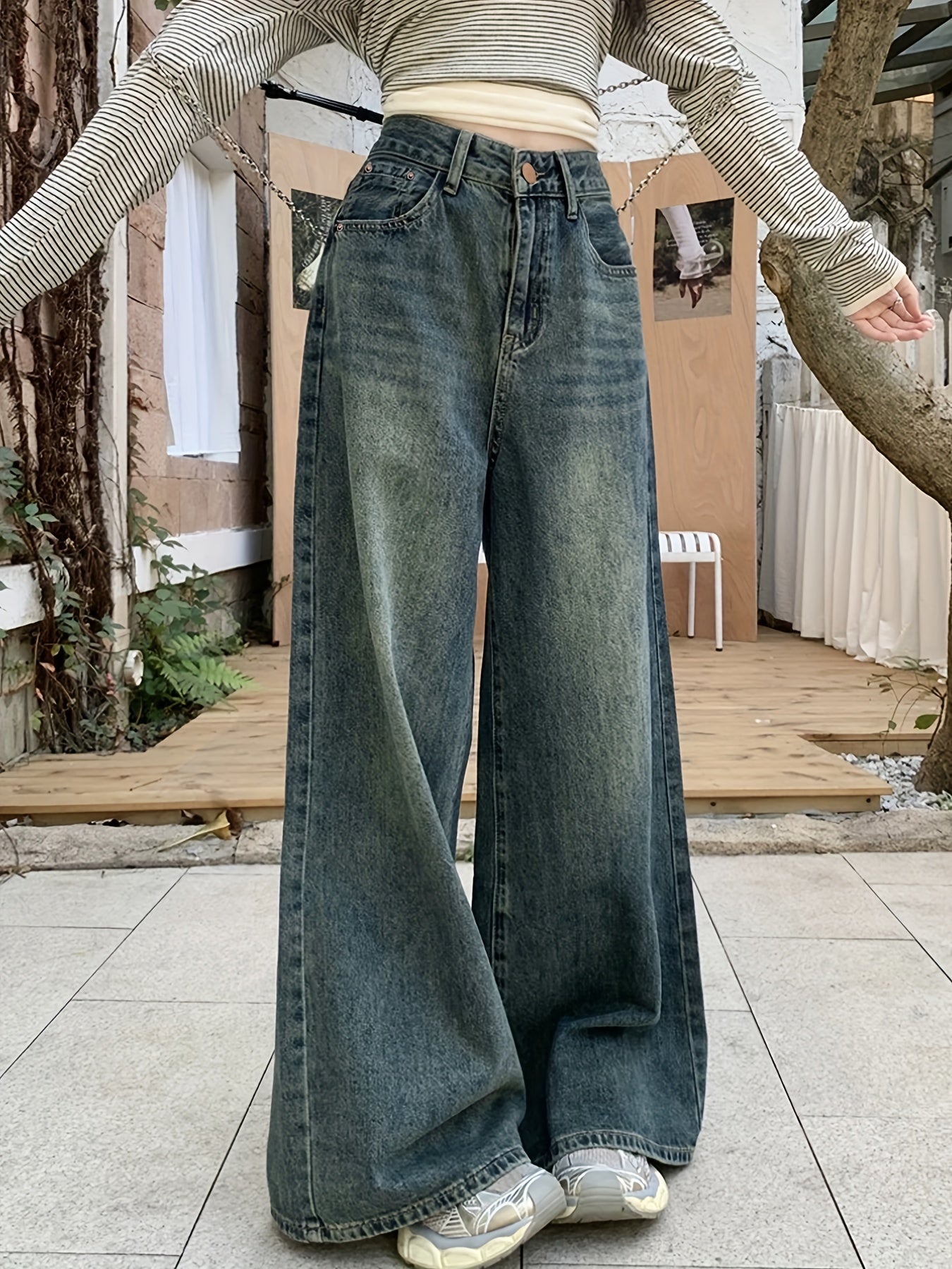 1pc XNVJEVGY Women'S High-Waisted Wide Leg Denim Jeans, Casual Style, Non-Stretch, Solid Color, Long Pants with Zipper Closure, Washed Finish, Suitable for All Seasons