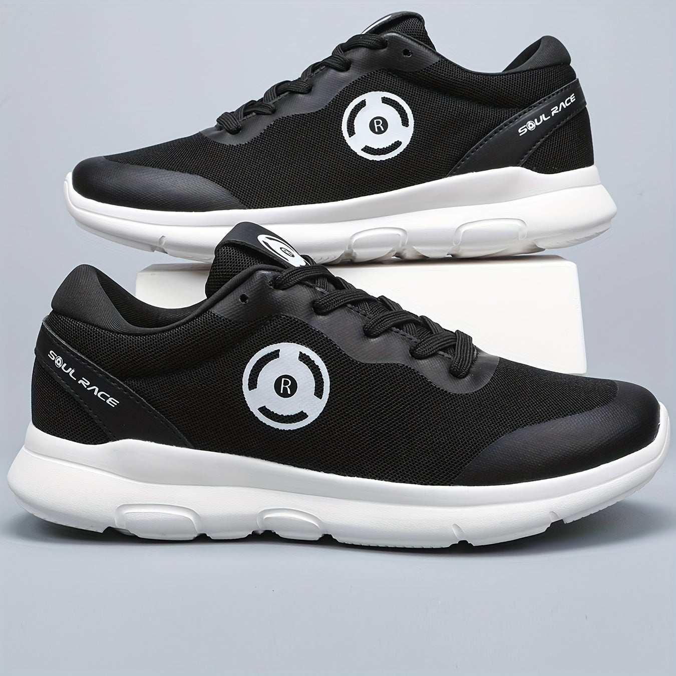 Men's Lightweight Breathable Mesh Sneakers - Casual Lace-Up Running Shoes with EVA Cushioning, Black & White Design, Sizes 8-14