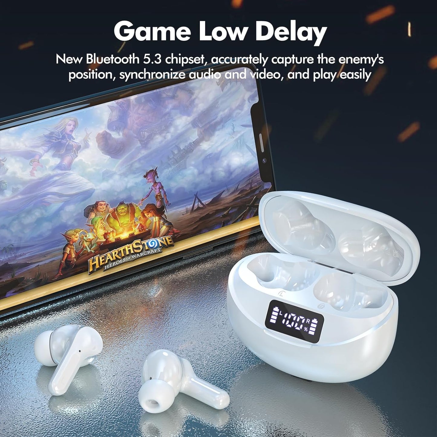 Wireless Earbuds Bluetooth Headphones 50H Playback Ear Buds with IPX7 Waterproof, HD Microphone, LED Display for Iphone and Andriod White