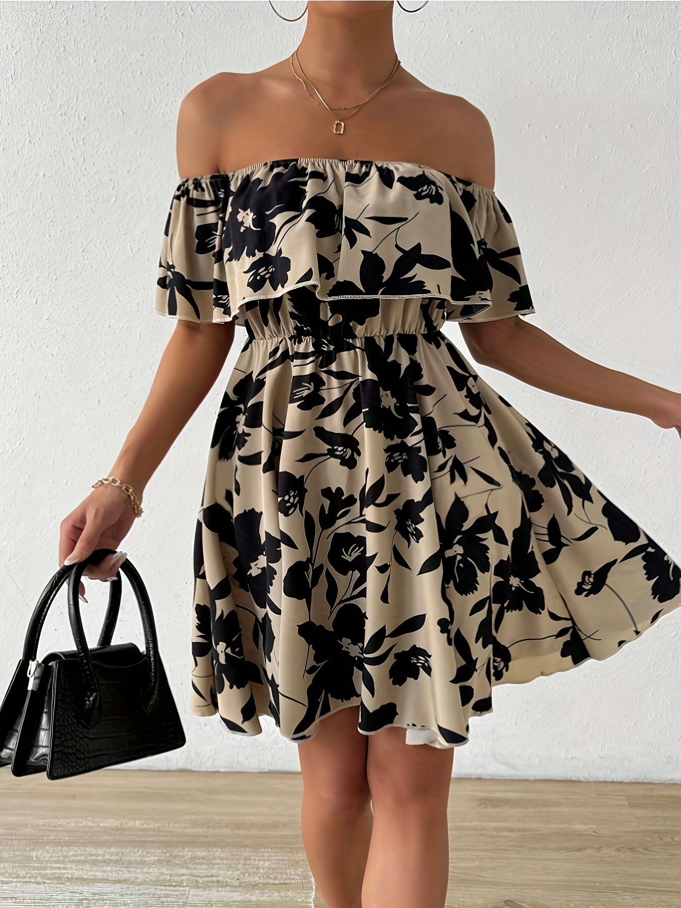 A Stylish Off-Shoulder Dress for Women, Featuring a Floral Pattern And a Ruffled Hem.