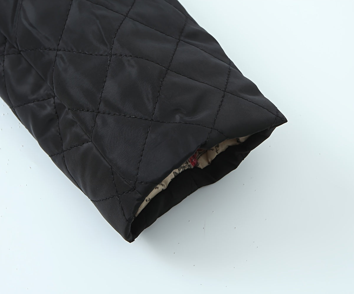 Women's Plus Size Quilted Hooded Jacket - Warm, Casual Long Coat with Faux Fur Trim, Zipper Closure, and Diamond Pattern Stitching - Ideal for Winter Outdoor Activities, Cold Weather Apparel|Hooded Coat|Soft Texture, Winter C
