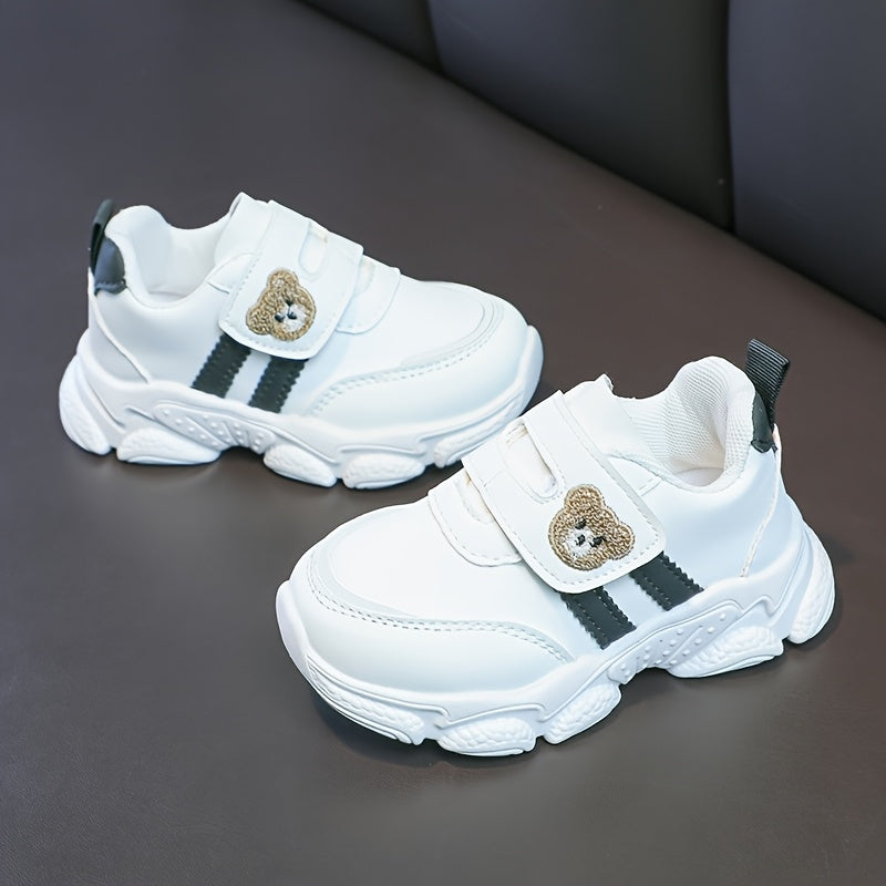 Girls' White Sneakers - Cute Cartoon Bear Design, Casual Low-Top Style with Hook-and-Loop Fastener, Comfortable Microfiber Synthetic Upper, All-Season Wear for Youngsters, Everyday Youngsters's Shoes | Playful Youngsters Snea