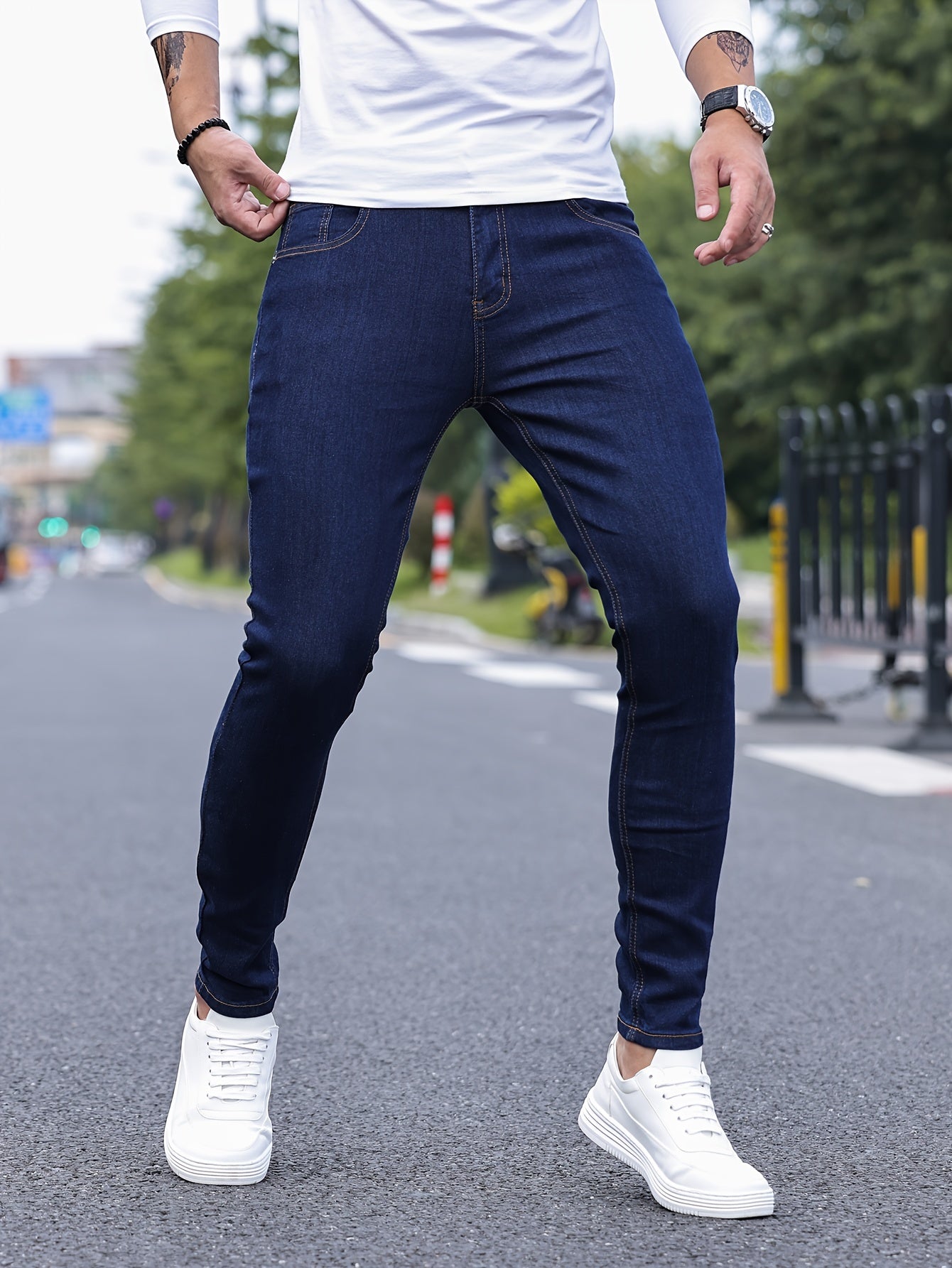 Slim Fit Chic Jeans, Men's Casual Street Style All Match Stretch Denim Pants With Pockets
