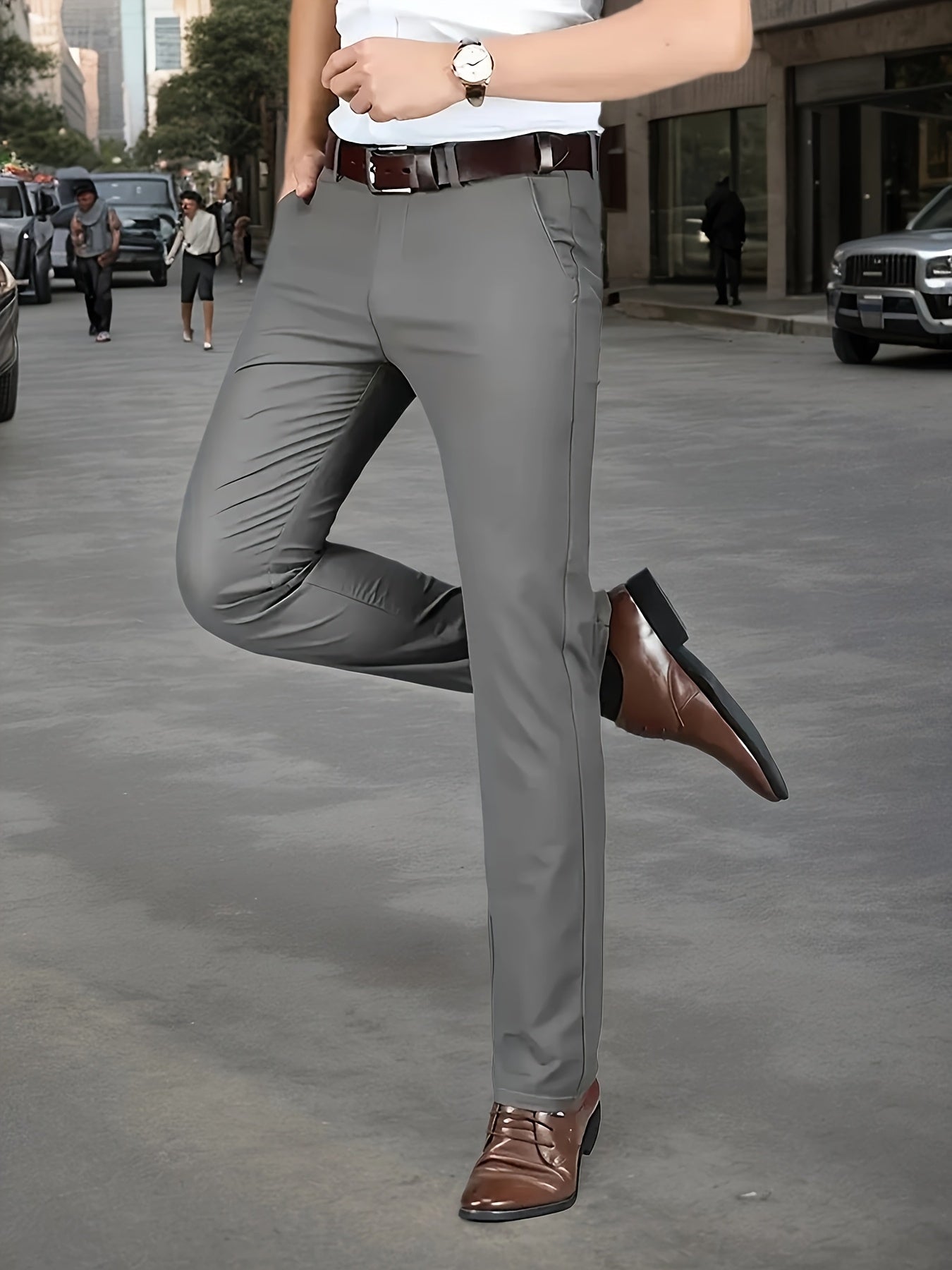 Men's Sleek Stretch Dress Pants - Solid Color Black, Comfort Fit with Subtle Stretch, Polyester Fabric, Mid-Rise, Machine Washable, Perfect for Business Casual & All-Season Wear, Business Casual Pants | Sleek Trousers | Easyc