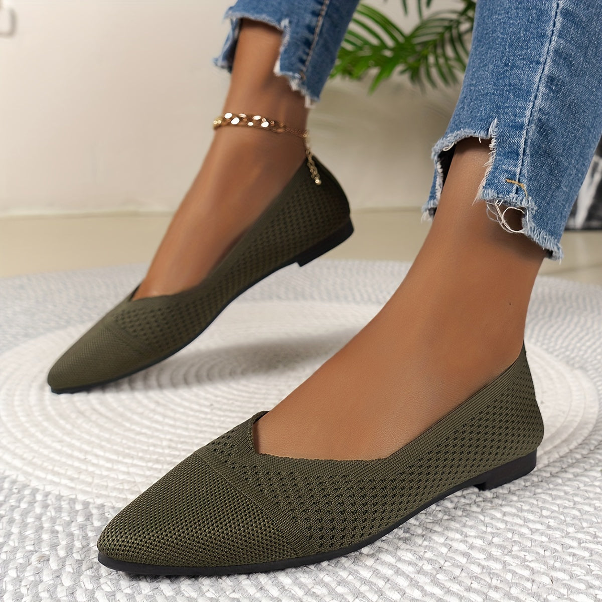 Women's Fashion Flat Shoes, Casual Pointed Toe Knit Flats, Breathable & Comfort Slip-On Ballet Shoes For Daily Wear