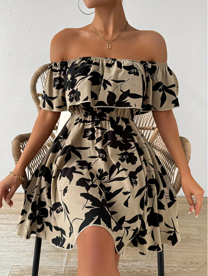 A Stylish Off-Shoulder Dress for Women, Featuring a Floral Pattern And a Ruffled Hem.