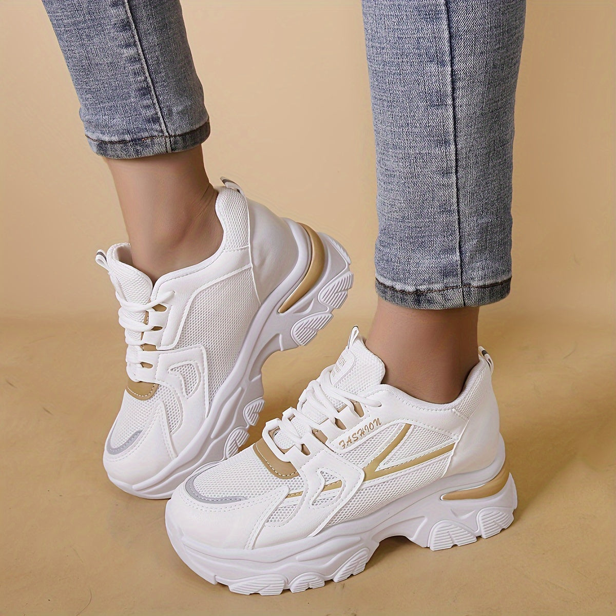 Women's Heighten Mesh Breathable Chunky Sneakers, Color-block Thick Bottom Casual Outdoor Running Shoes