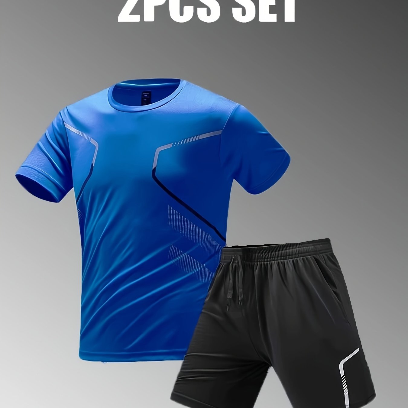 2pcs Men's Summer Sportswear Set - Comfortable Polyester Crew Neck T-Shirt & Black Drawstring Shorts with Side Stripe, Casual Style, Easy Care, Athletic Shorts