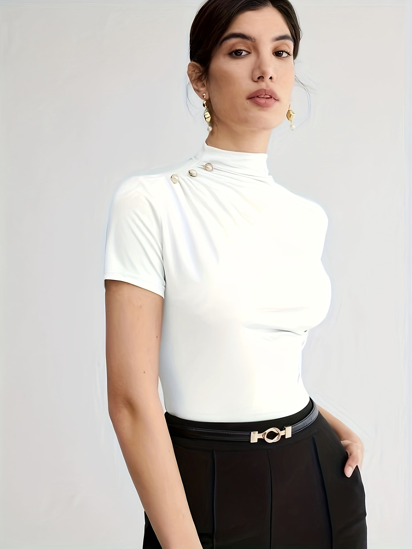 Elegant White Short Sleeve Turtleneck Top with Button Detail - Versatile Summer Blouse for Women, Casual Attire|Minimalist Style|Sleek Fit