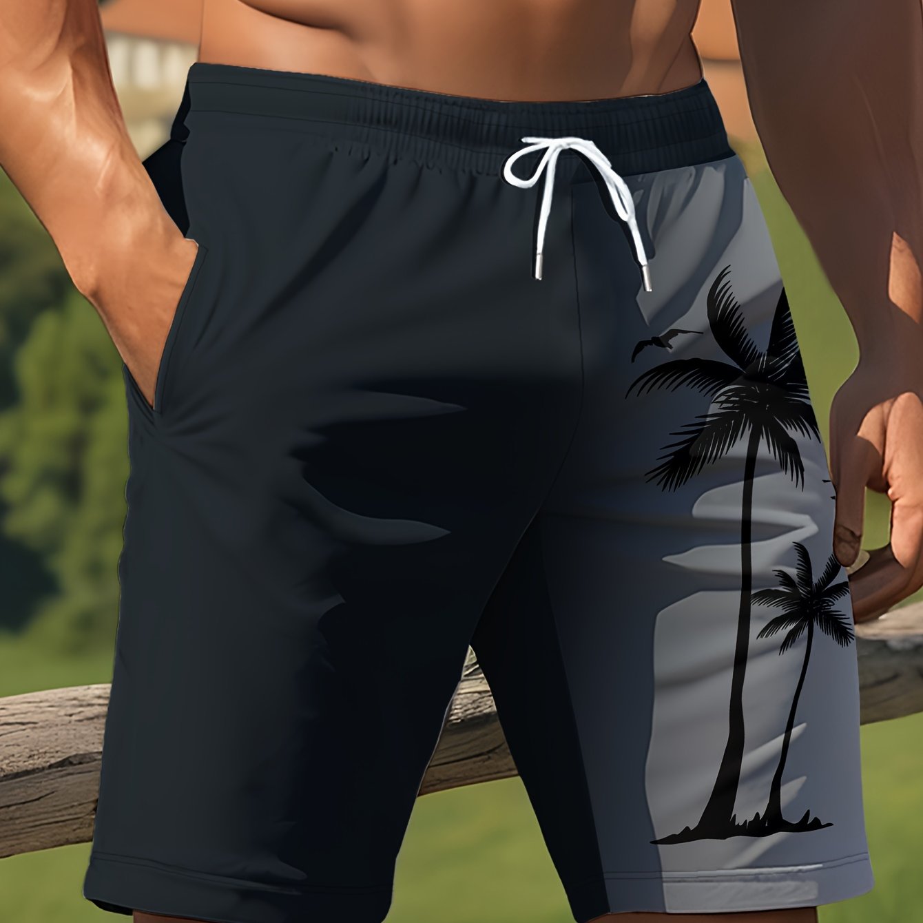 Men'S Summer Beach Shorts - Casual Printed Pants with Elasticity, Polyester Knit Fabric, Regular Fit