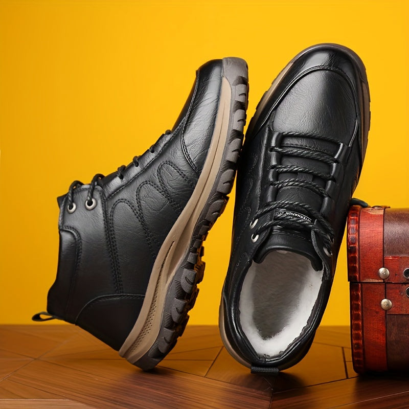 Men'S Stylish Black Leather High-Top Boots - Casual, Fashionable, Business-Ready with Lace-Up Closure, Rubber Sole, and Round Toe Design for Winter Sports and Daily Wear, Winter Boots|Stylish High Boots|Laceup Boots
