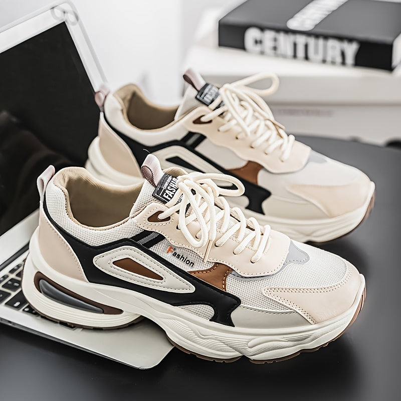 Men's Fashion Sneakers - White/Black/Brown PU Upper, Breathable Fabric Lining Cushioned EVA Insole, Durable PVC Sole, Lace-Up Mid-Top Design for All-Season Casual Daily Wear, High Top Sneakers, Versatile Footwear, Modern