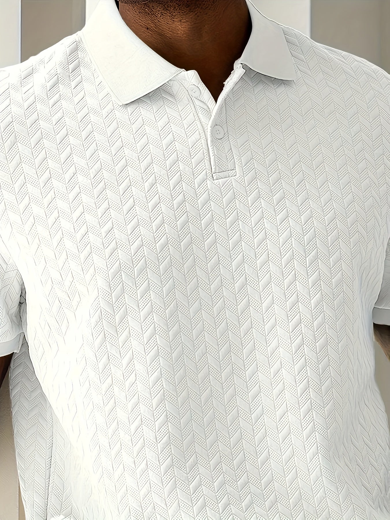 Men'S Casual Black Short Sleeve Polo Shirt with Textured Diamond Pattern - Polyester, Button-Up, Regular Fit for Summer, Casual Attire|Textured Pattern Shirt|Polyester Fabric