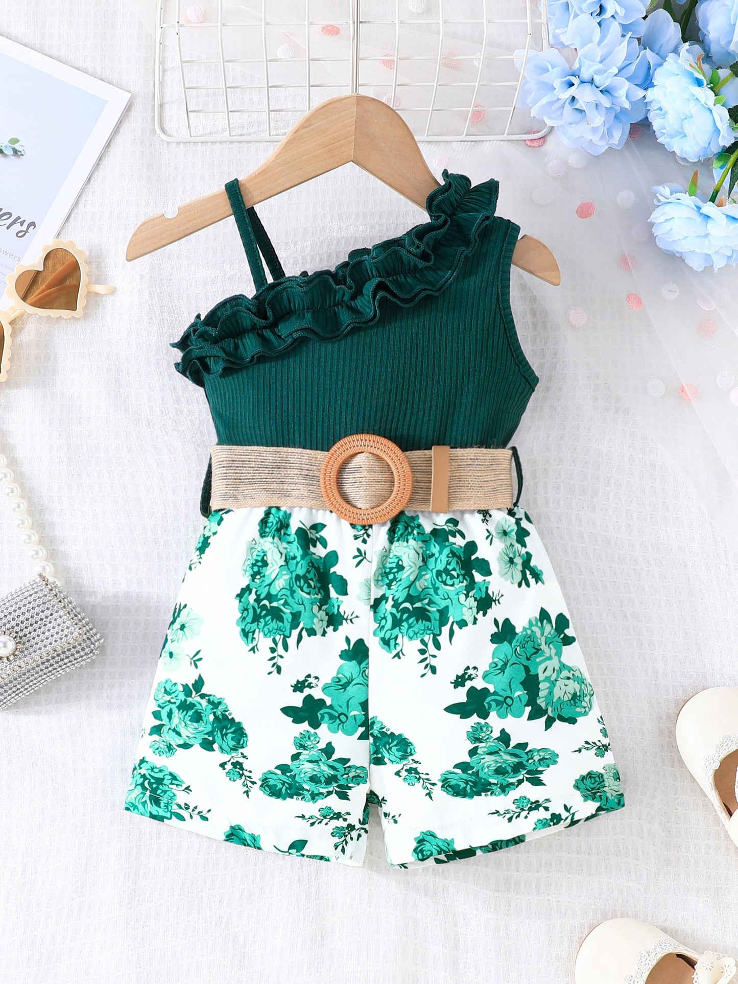 Baby's Vacation Style Flower Pattern Splicing One-Shoulder Romper With Belt, Toddler & Infant Girl's Bodysuit For Summer Daily & Outdoor Wear