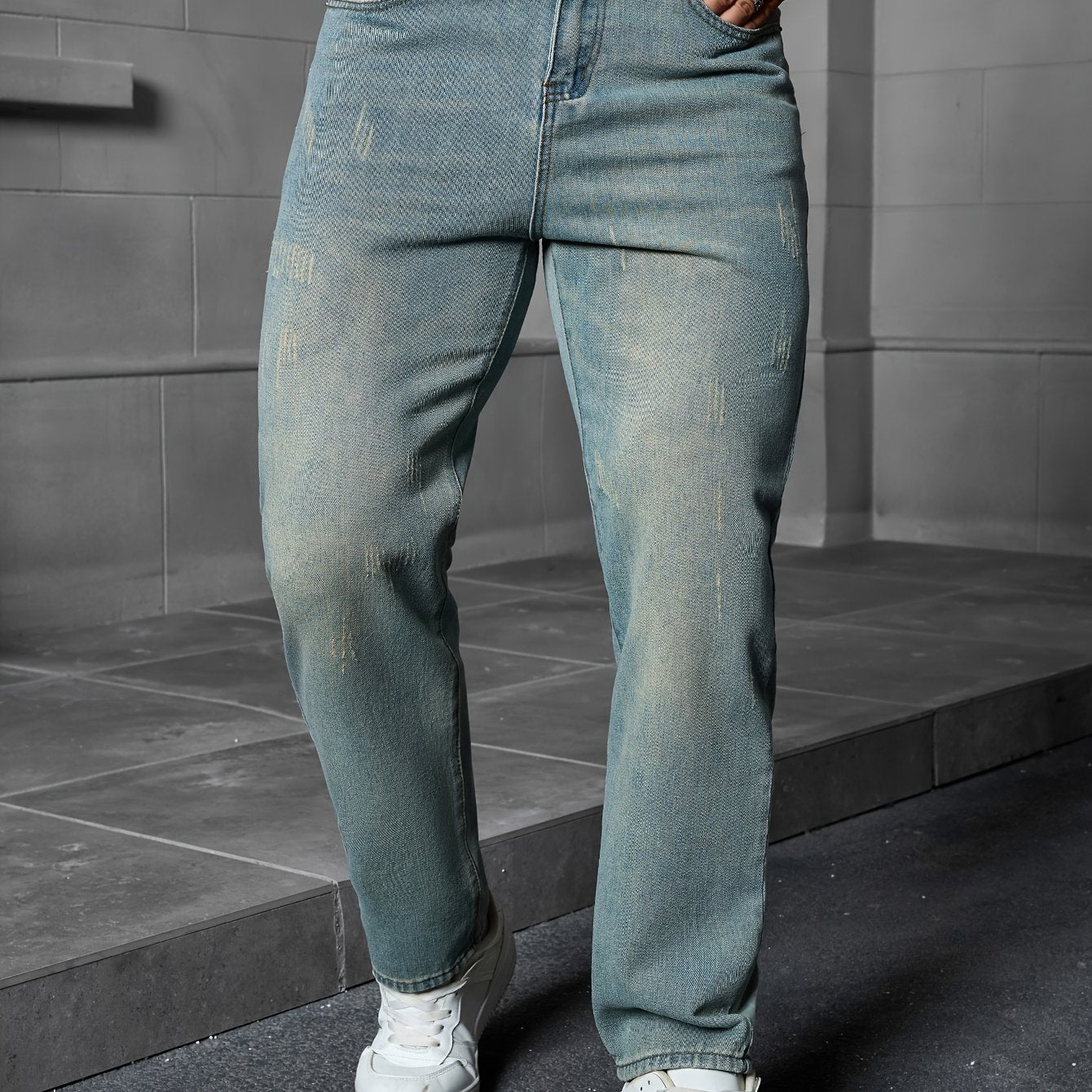 Men's Regular Fit Distressed Denim Jeans - Light Grey, Blend, Machine Washable, Year-Round Comfort & Style