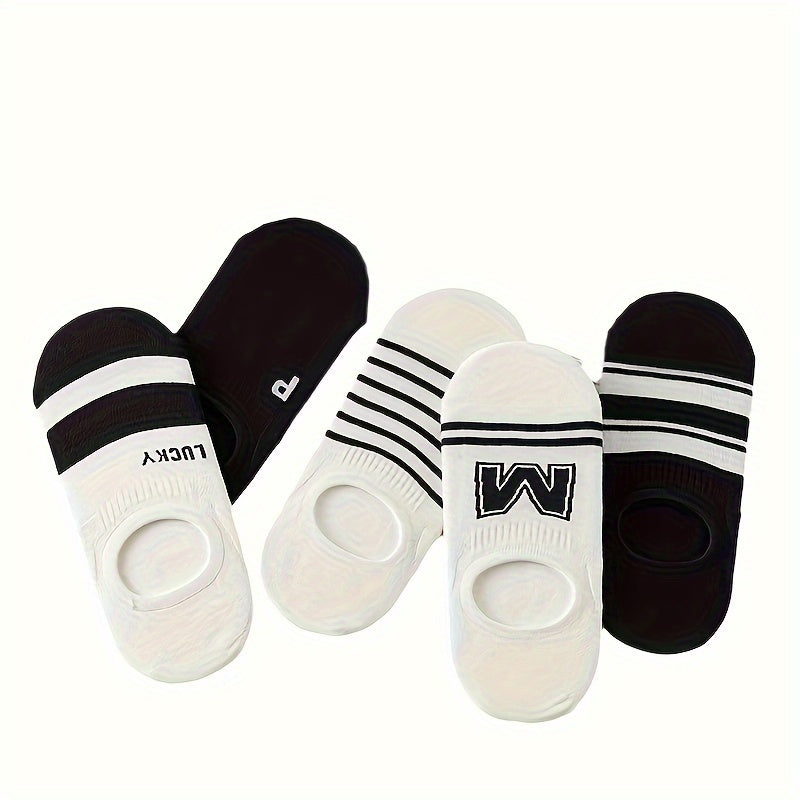 5 Pairs Letter & Striped Socks, Non-slip Lightweight Invisible Boat Socks, Women's Stockings & Hosiery