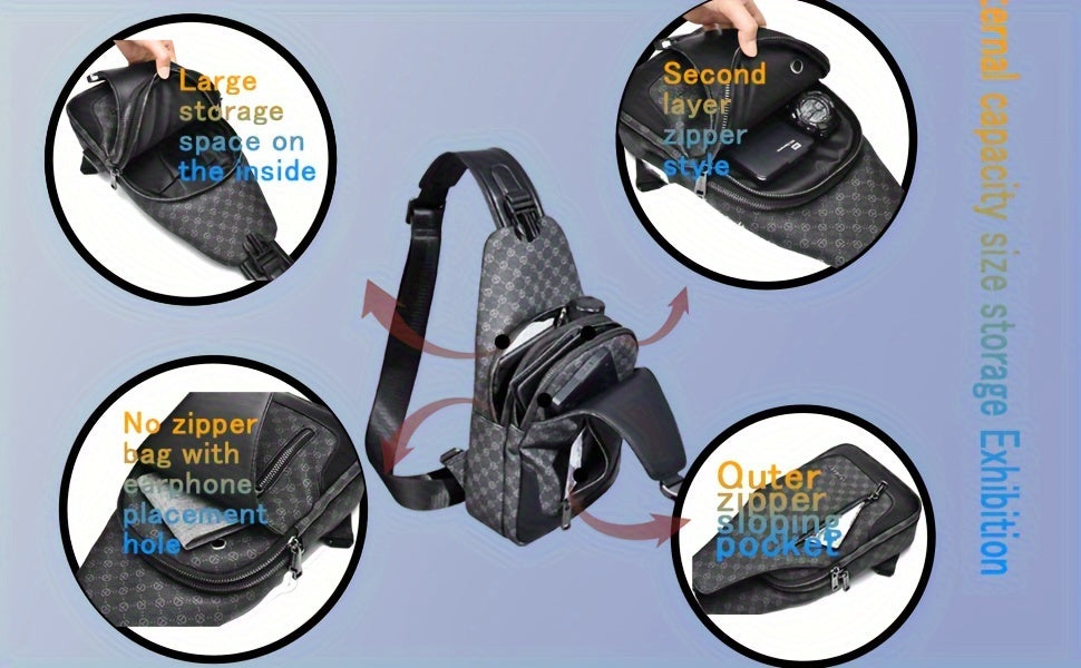 HUABUPS Men'S Crossbody Backpack - Black PVC Business Commuter Bag with USB Charging, Adjustable Strap, Multiple Compartments Durable Design for Travel, Hiking, Daily Use - Ideal Gift for Men, Hiking Gear, Stylish Accessory