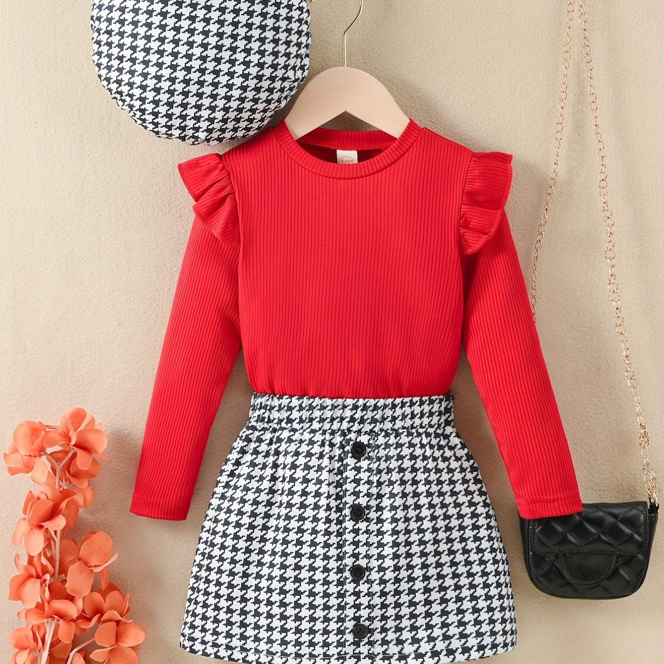 Youngsters Girls Ruffle Tee & Houndstooth պրինտ կիսաշրջազգեստ և գլխարկ