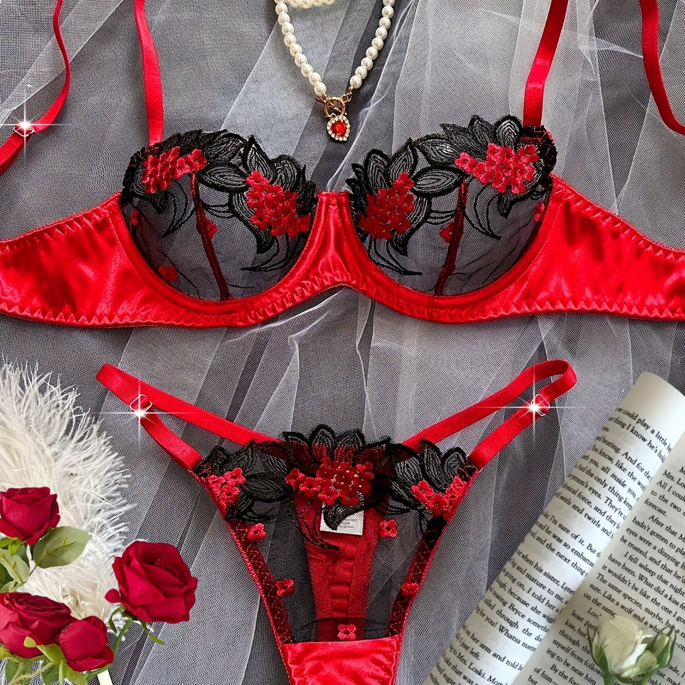 Women'S Floral Embroidery Mesh Bra and Panty Set, Sexy See-Through Lingerie, Medium Support Knit Fabric, Polyester 95% Elastane 5%, Party Style, Adult Romantic Underwear for Dating & Parties
