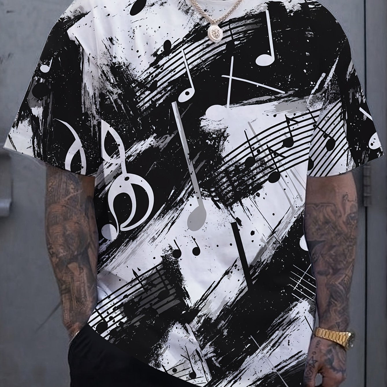 OBM Men's Casual Short Sleeve T-Shirt - Music Note Splatter Print Design, 100% Polyester, Breathable Summer Tee, Regular Fit, Machine Washable, Musicthemed Apparel, Smooth Texture Fabric