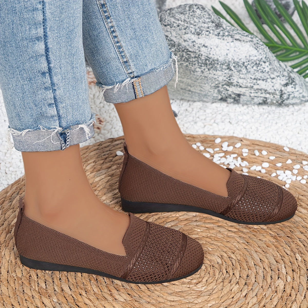 Women's Solid Color Knitted Flats, Lightweight Flat Soft Sole Walking Shoes, Round Toe Daily Footwear