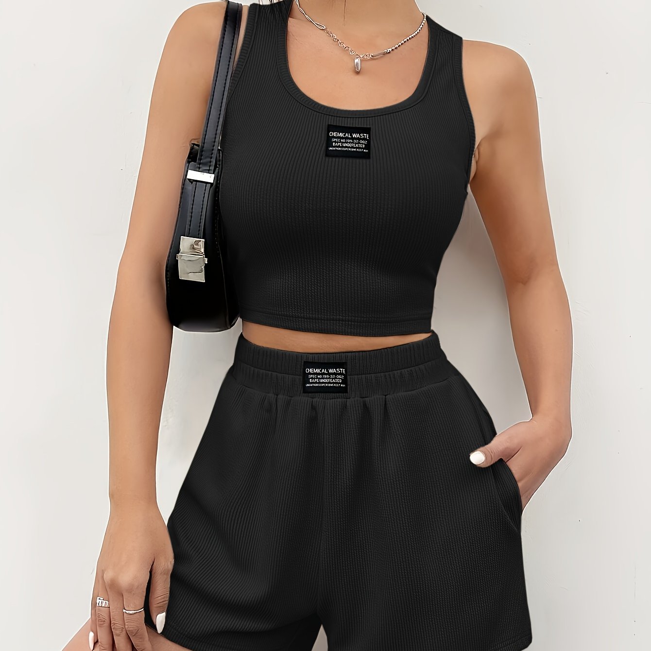 All-Season Chic, Elegant Women's Knit Tank Top and Shorts Set, Solid Color Polyester with Elastane, Machine Washable
