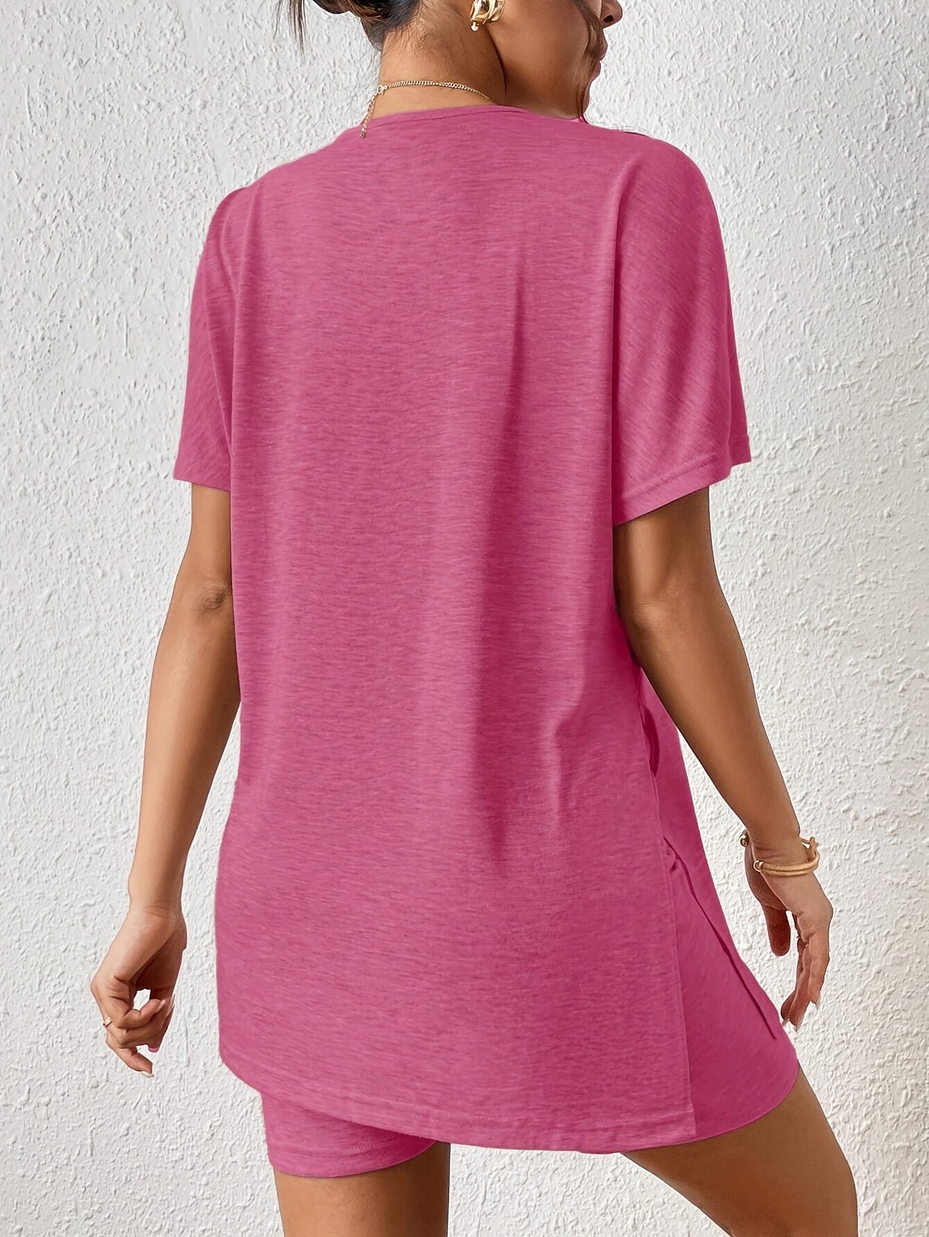 Casual Solid Color Comfortable Two-Piece Set, Bat Sleeve Round Neck Slit T-Shirt and Tight Shorts, Women's Clothing