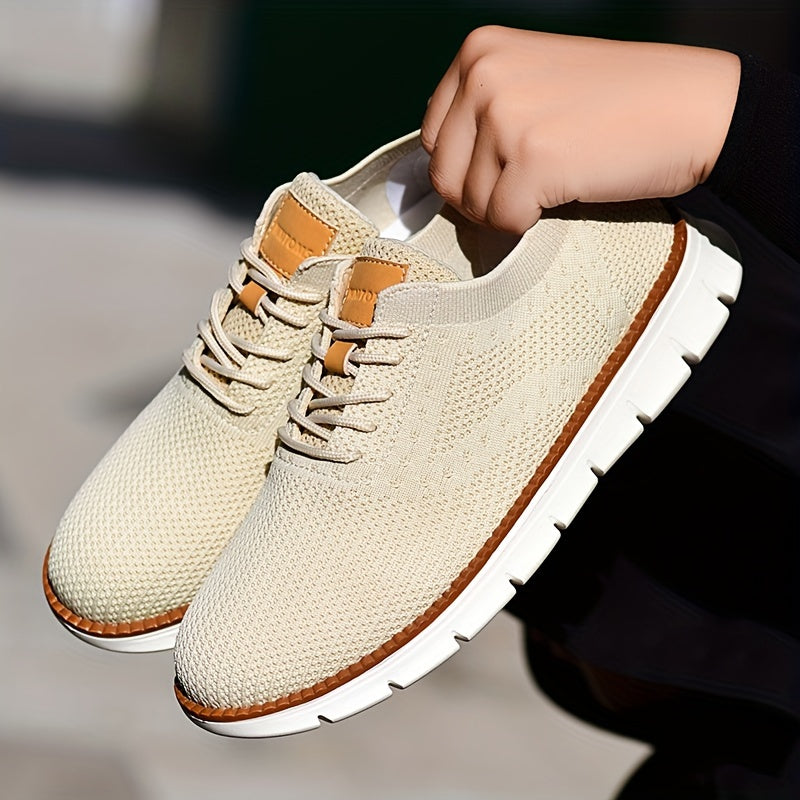 Men's Breathable Knit Business Casual Shoes - Beige with Brown Accents, Lace-Up, EVA Sole, Round Toe, Versatile for All Seasons, Dressy Shoes