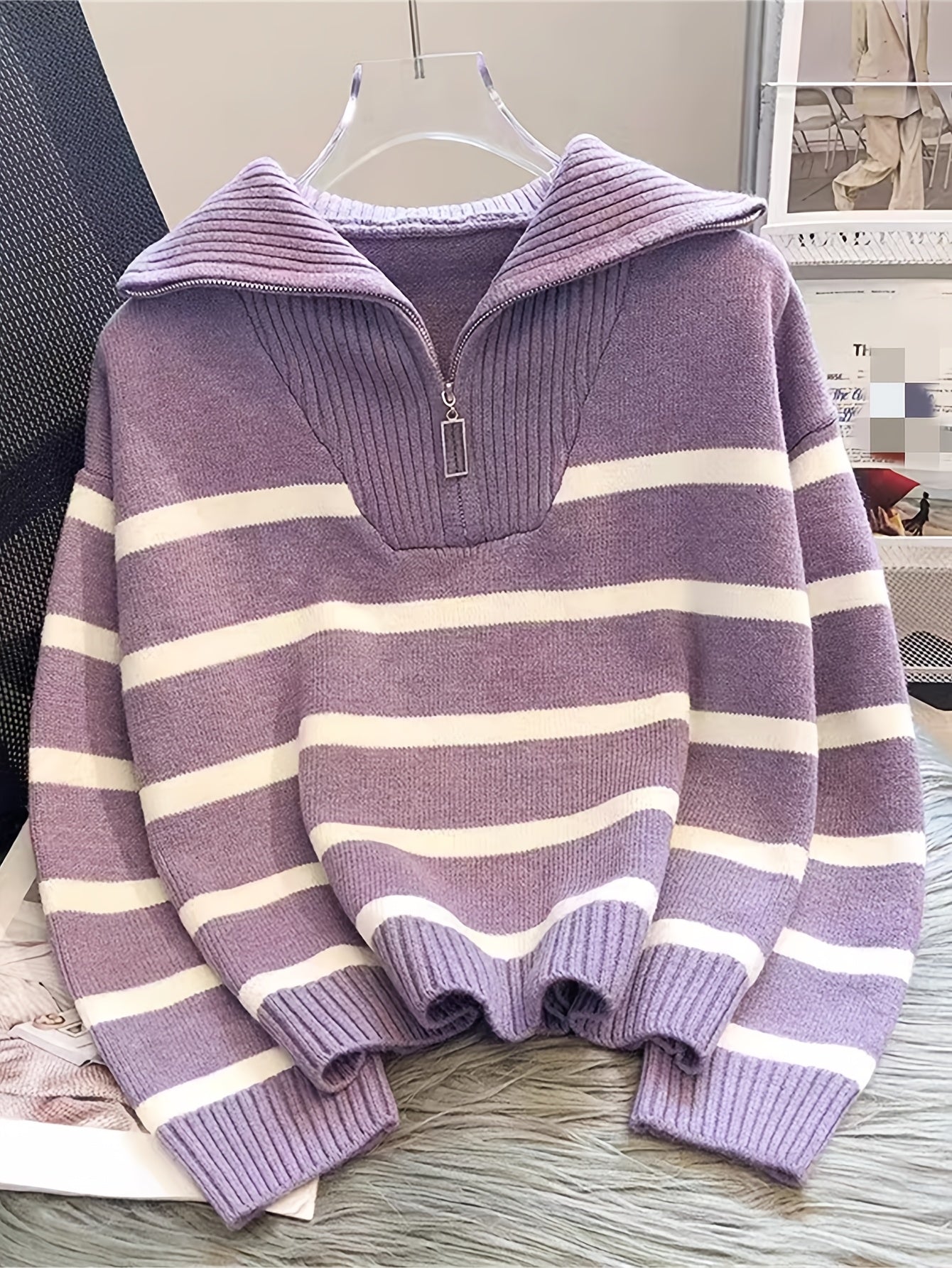 Elegant Striped Zip-Up Knit Sweater - Cozy Acrylic & Polyester Blend, Perfect for Fall/Winter, Cozy Sweater