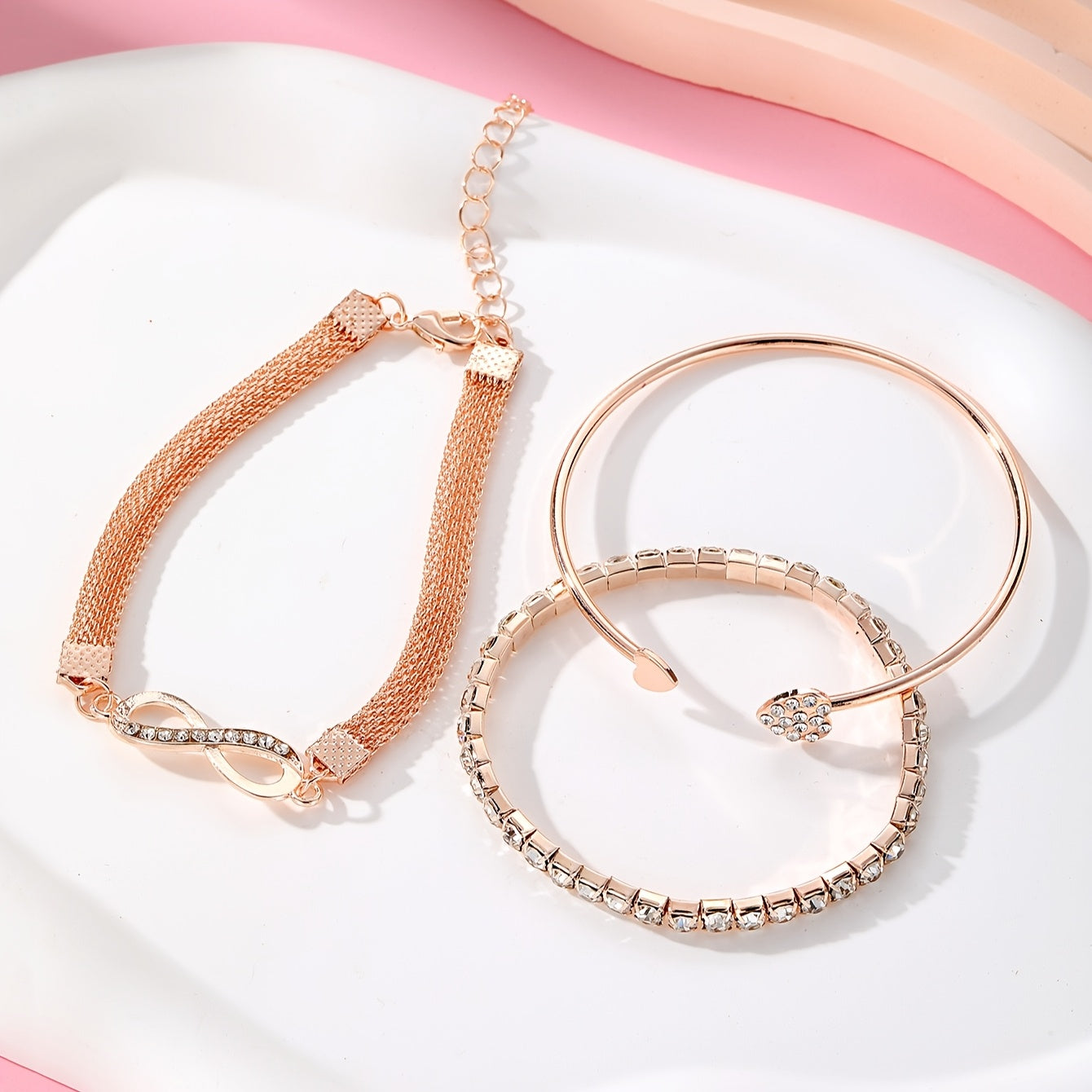 3pcs Vintage Elegant Rhinestone Bracelet Set, Adjustable Heart & Infinity Symbol Bangle, Women'S Alloy Open Cuff, Daily & Gift Occasion, All-Season Jewelry Collection