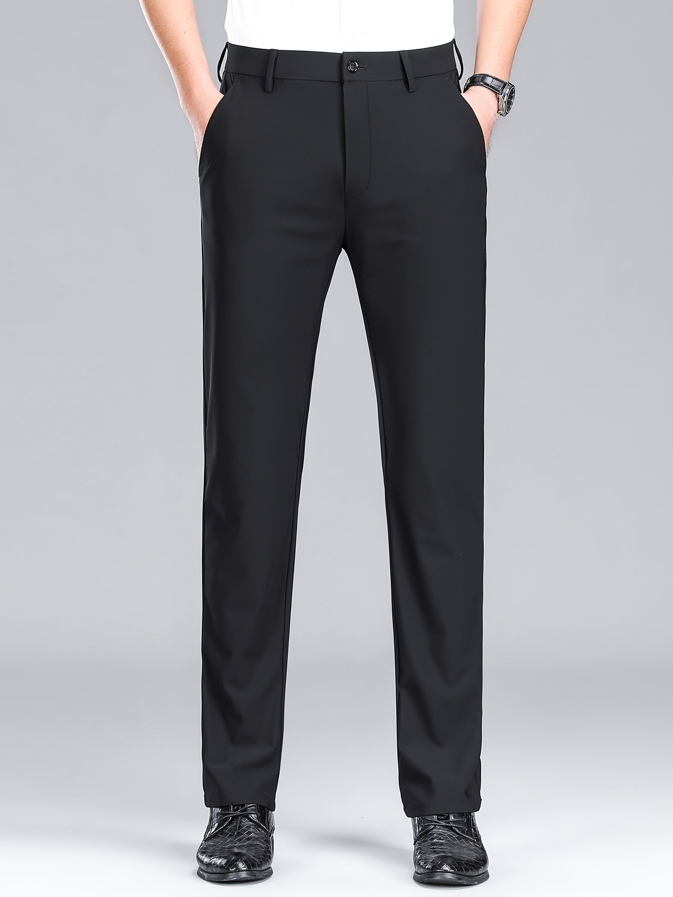 Men'S Navy Blue Straight Leg Dress Pants - Casual Style, Polyester Fabric with Slight Stretch, Mid Waist, Button Closure, No Belt, Regular Fit, Outdoor & Office Wear, Office Attire|Straight Leg Pants|Polyester Fabric