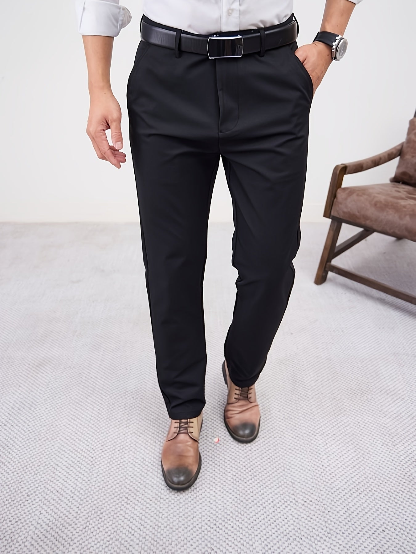 Men'S Casual Solid Color Regular Length Slight Stretch Woven Fabric Pants for Adult