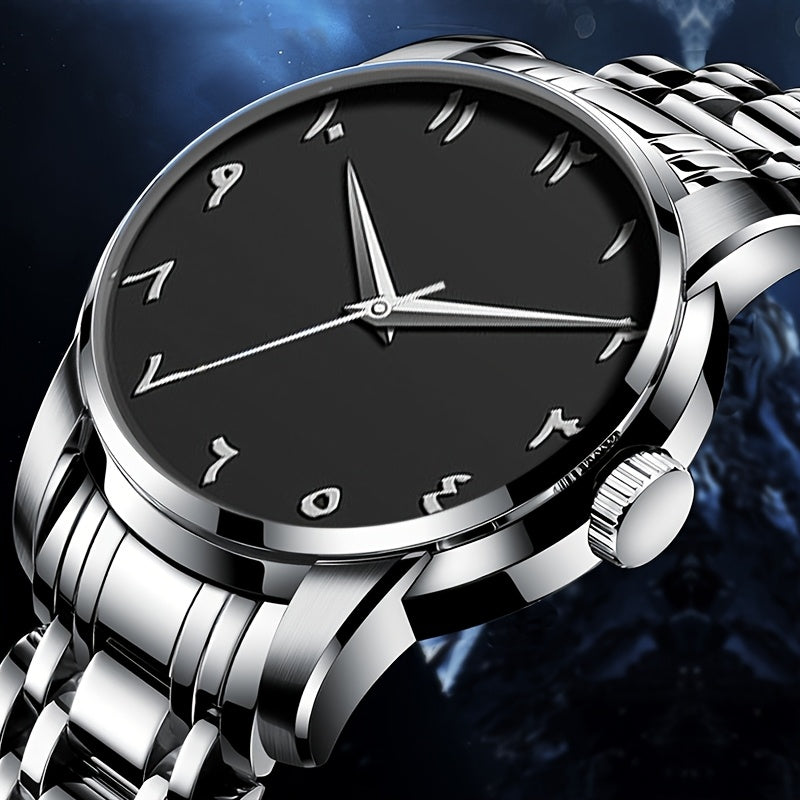 Men's Casual Arabic Numerals Quartz Watch - Scratch-Resistant HD Dial, IPX7 Waterproof, Stainless Steel Strap, Black & Golden Accents - Perfect Gift for Birthdays, Holidays & Family Reunions, Reliable Timepiece, Contemporary