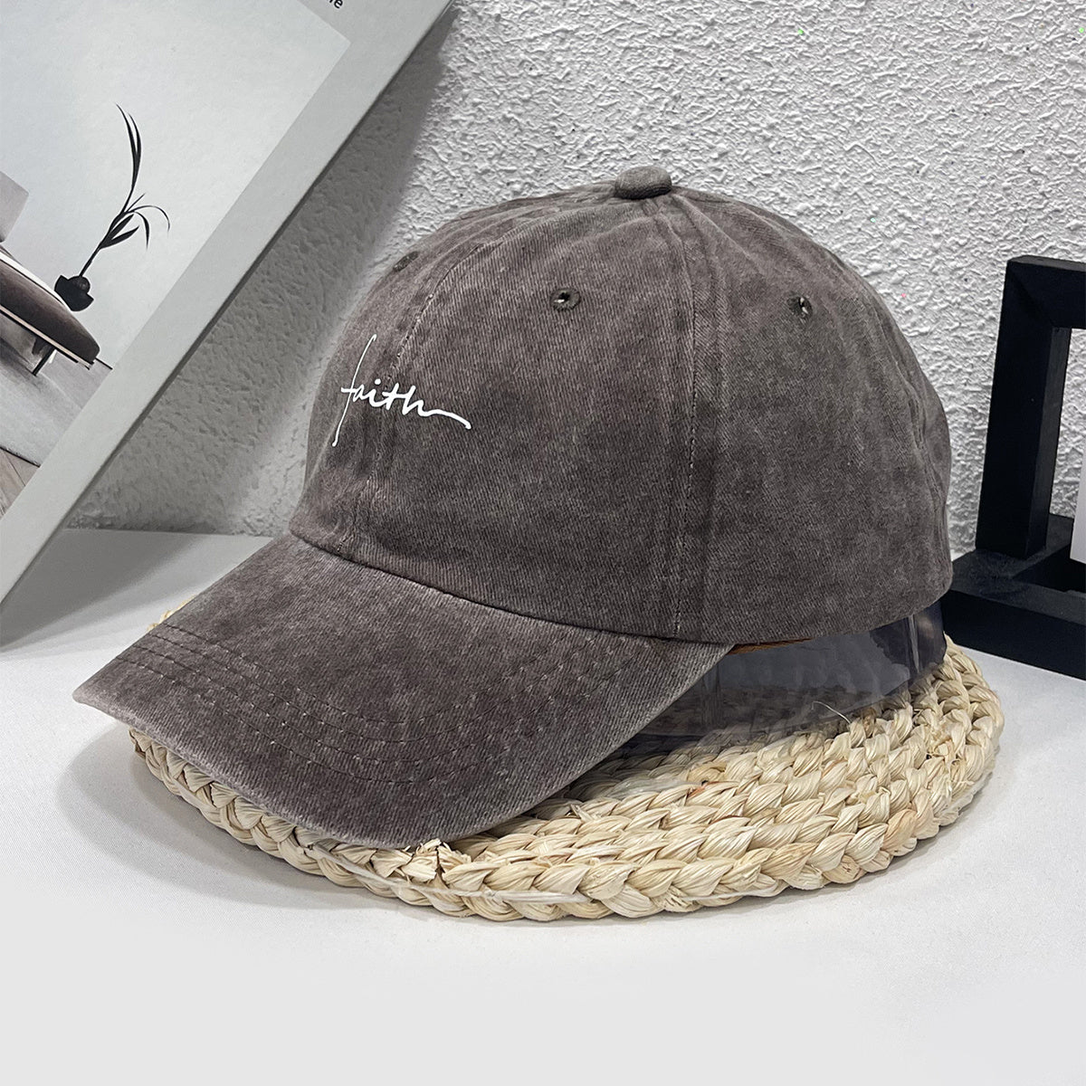 Vintage Street Style Water Wash Denim Polyester Baseball Cap, Faith Print, for Men, Women