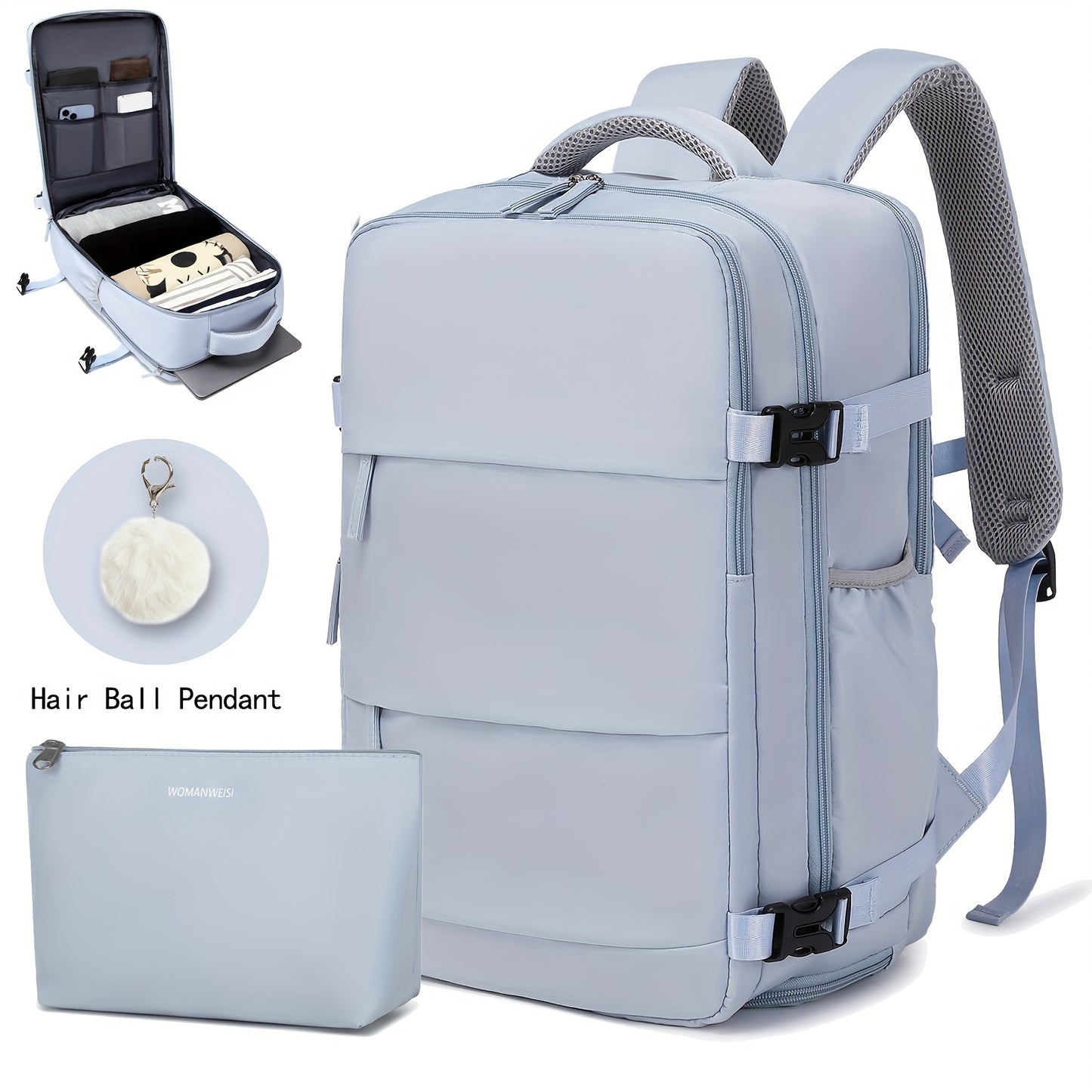 Airline-Approved 38.1cm Laptop Travel Backpack for Women, Light Blue Polyester with Adjustable Straps, Shoe Compartment & USB Charging Port - Ideal for School & Work Trips, Laptop Bag