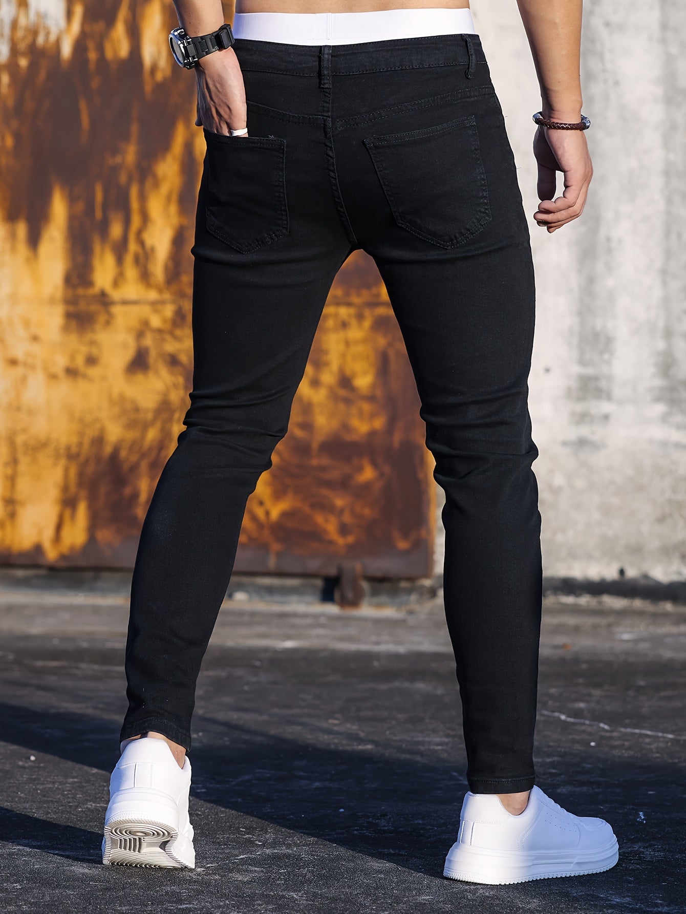 Men's Cotton Blend Casual Skinny Jeans, Chic Street Style Medium Stretch Denim Pants