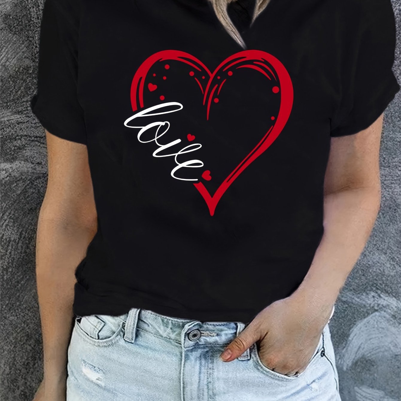 Love Print Crew պարանոցի վերնաշապիկ, ամենօրյա կարճաթև վերնաշապիկ գարնան և ամառի համար, կանացի հագուստ