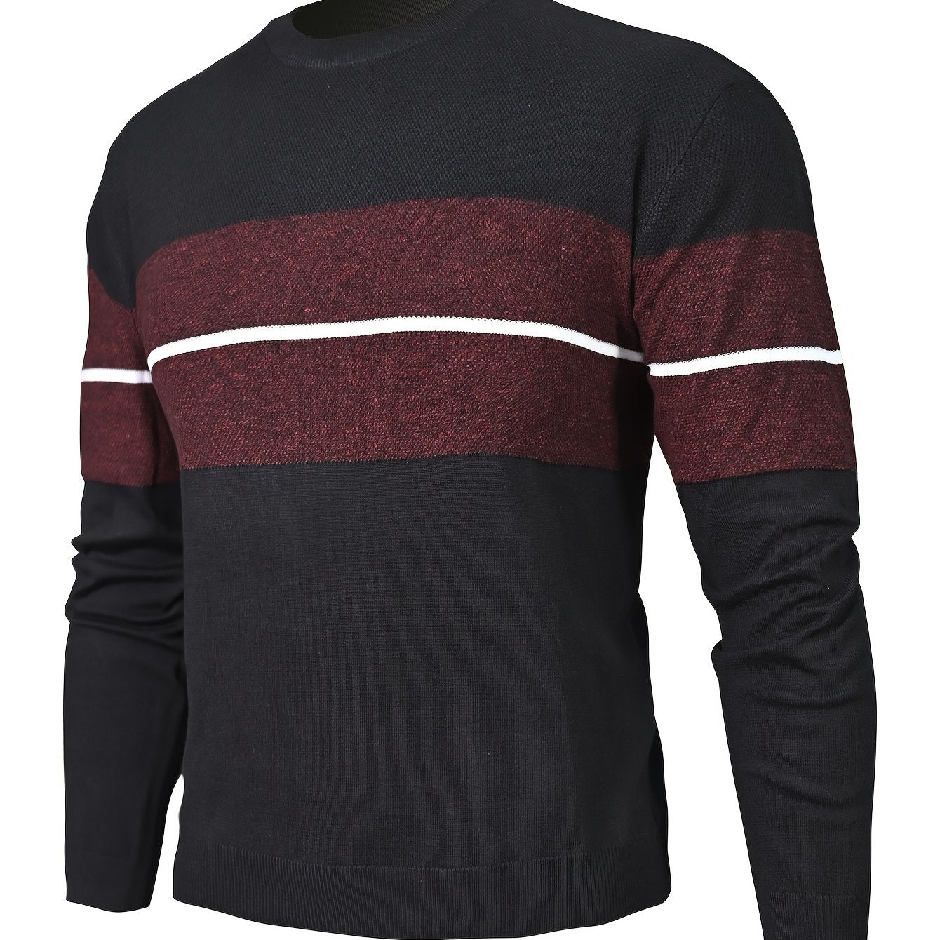 Men's Casual Round Neck Sweater - Two-Tone Color Block, 100% Polyester, Stretch Knit, Long Sleeve - Perfect for Fall/Winter