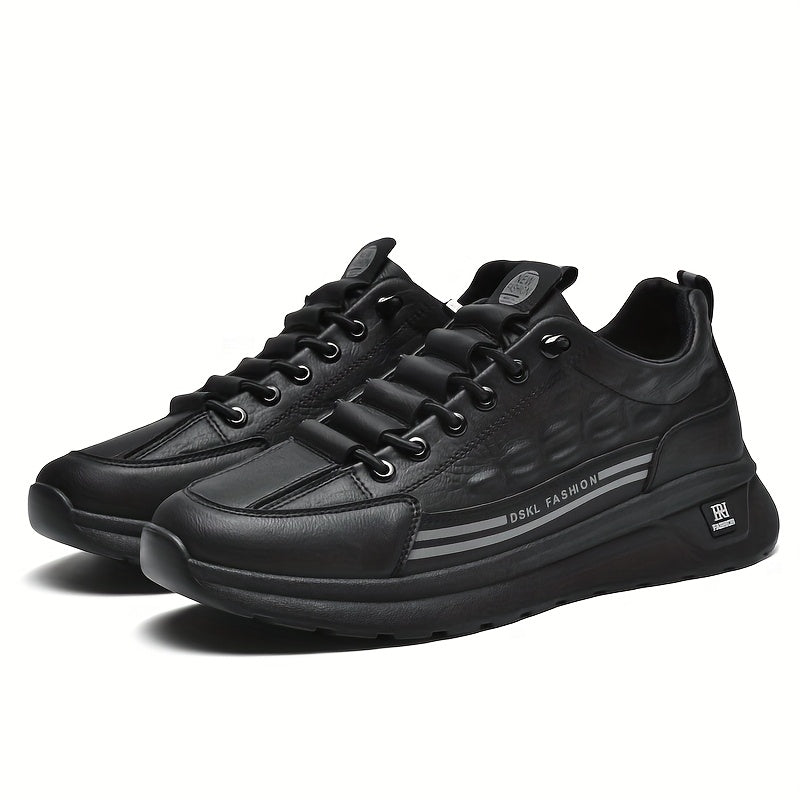 Men's Breathable Casual Sneakers - Comfortable, Versatile Stylish Shoes for Running, Sports Casual Attire, Black with White Accents, PU Upper PVC Sole, Round Toe, Lace-Up Design, All-Season Use
