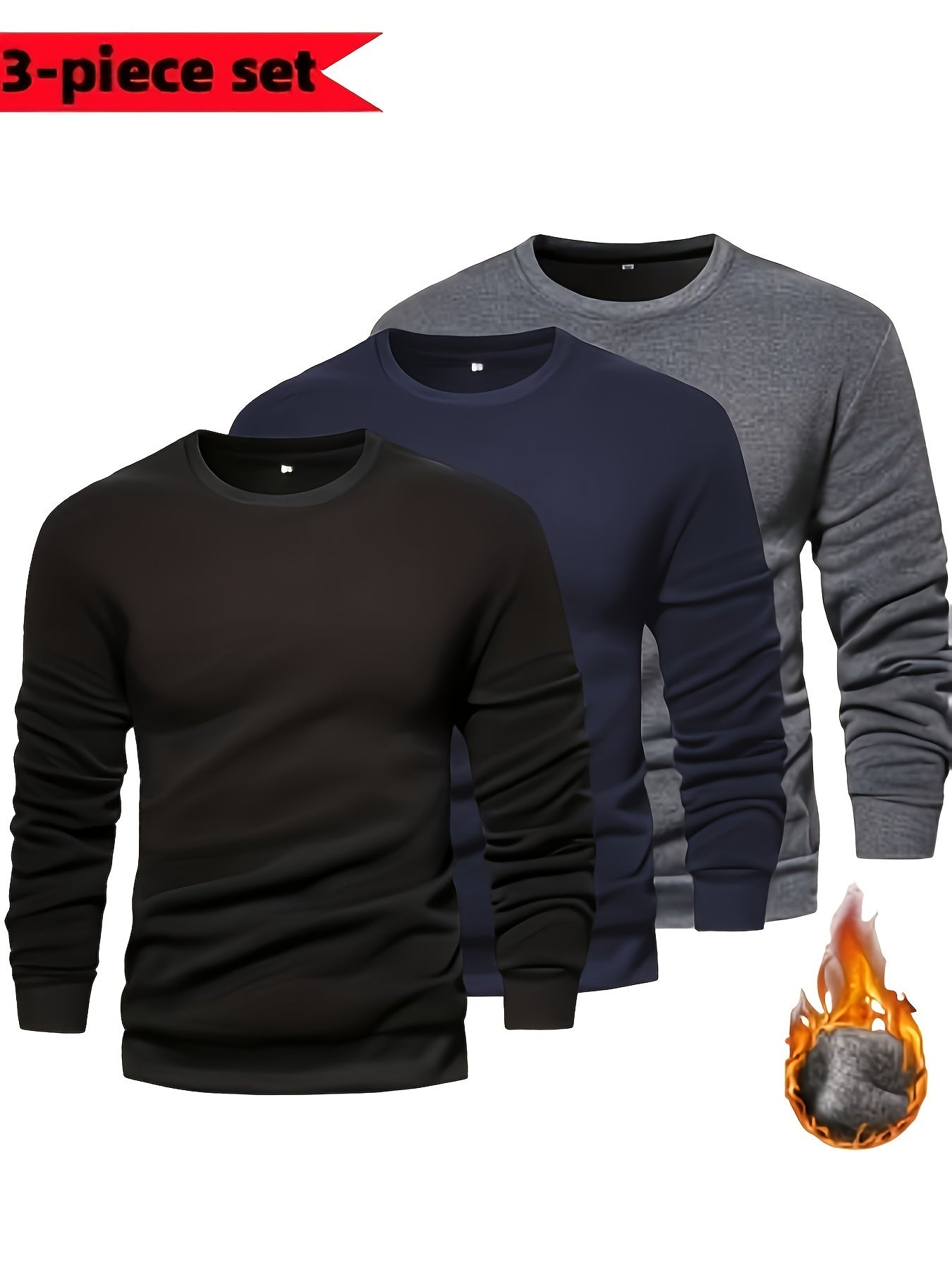 3pcs Men's Solid Color Knit Pullover For Autumn And Winter - Versatile Warm Crew Neck Long Sleeve, As Gift