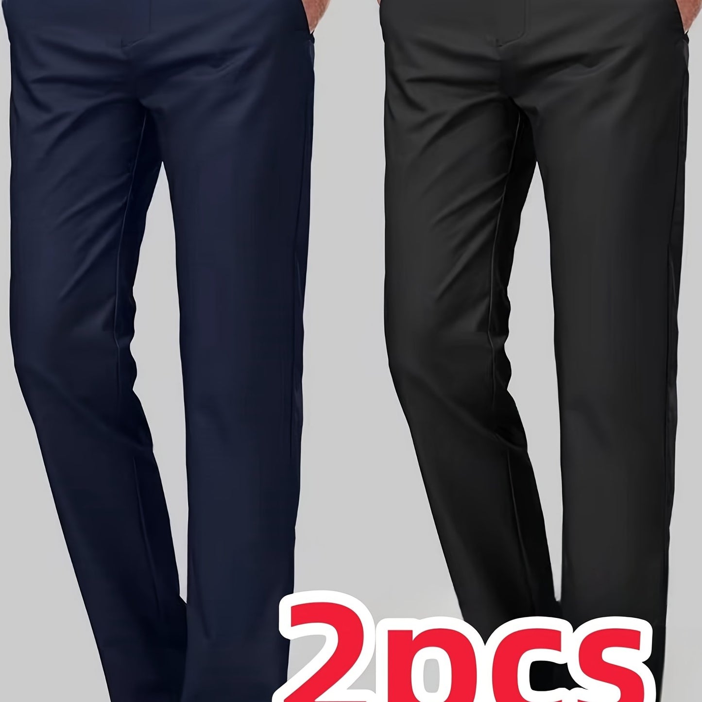 2pcs Men's Straight Leg Dress Pants, TR Fabric, Navy Blue & Black, Formal Business Suit Trousers for Office or Casual Wear, Lightweight Polyester Blend, Glossy Finish, Mid-Rise, All-Season