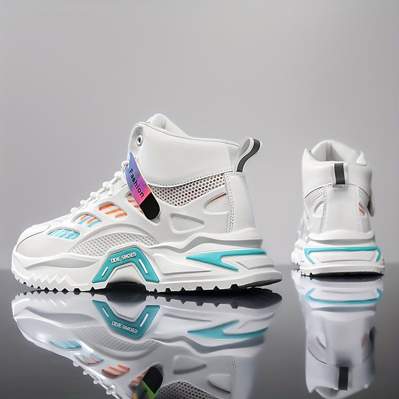 Fashion Mid-Top Sneakers for Men - Casual Street Style Athletic Shoes with Graphic Pattern, Lace-Up Closure, All-Season Round Toe Trainers with PU Upper, Fabric Lining Insole, Anti-Slip PVC Sole